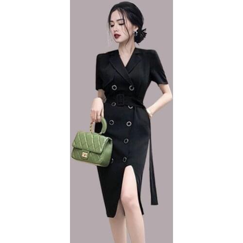 2021 Korean Double Breasted Split Sheer Sun Dresses For Women Office Lady Black White Summer Dresses For Women Plus Size Dress