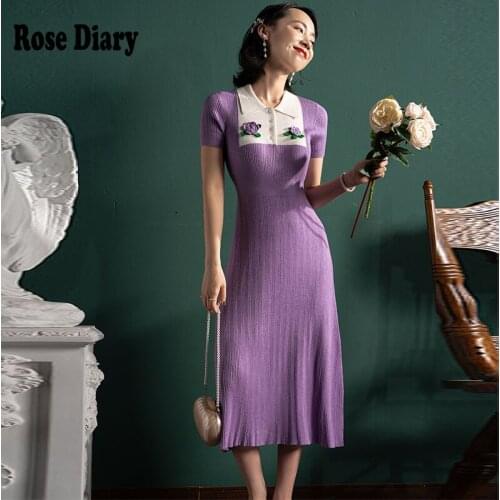 2021 Elegant Floral Embroidery Short-Sleeved Knitted Flower Dress Women Retro Purple Elastic Mid-Calf Ribbed Sweater Vestidos