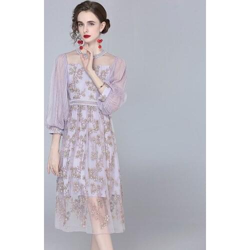 Women Vintage Elegant Flower Embroidery Lace Patchwork Dress Design Runway Summer Lantern Sleeves See-Through Mesh Dress
