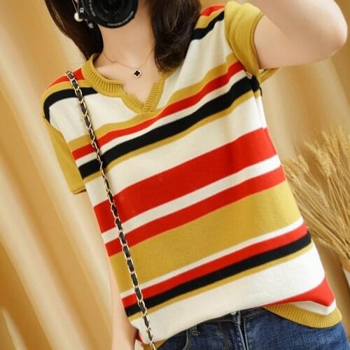 2021 summer new pure cotton T-shirt women casual v-neck pullover Slim sweater striped short-sleeved tees plus size top