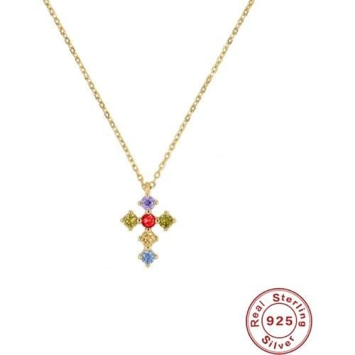 Aide 925 Sterling Silver Colorful Crystal Cross Pendant Necklaces For Women Cubic Zirconia Jeweled Dangling Cross Necklace Gift
