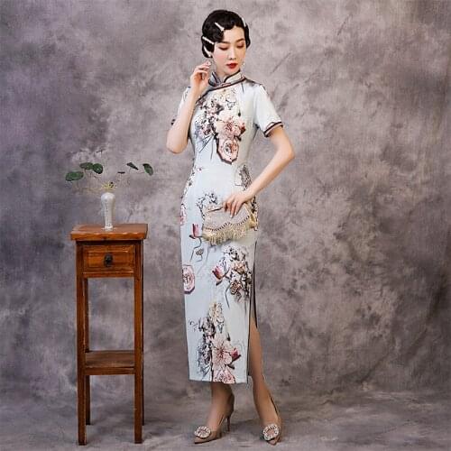 Satin Sexy Print Flower Qipao Slim Short Sleeve Vintage Chengsam Large Size 3XL Summer New Dresses Wedding Party Dress Vestidos