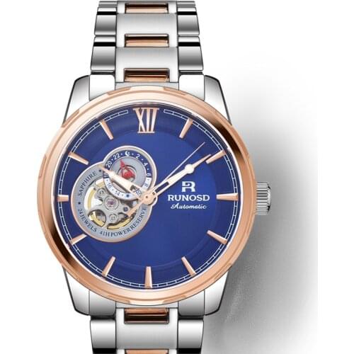RUNOSD Mens Watch Fashion Classic Module Mechanical Movement Sapphire Crystal Rose Hollow dial Gold Stainless Steel 8311G