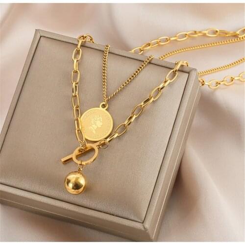 316L Stainless Steel Queens Pendant Disc Double Layer Necklace T buckle Pendant Necklace No Fade