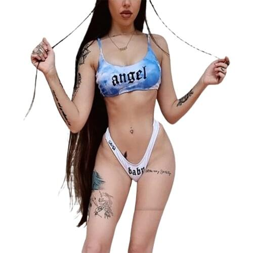 2 Pieces Swimwear Sets Women Sexy Goth Punk Tie-Dyed Letter Print U-Neck Short Camisole+ Bikini Panties Swimsuits for Summer