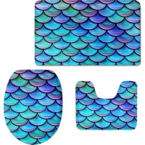 Fashion Colorful Mermaid Pattern Toilet Seat Cover Flannel Soft Comfortable Commode Lid Pad Bath Mat Soft WC Floor Rugs 3Pcs Set