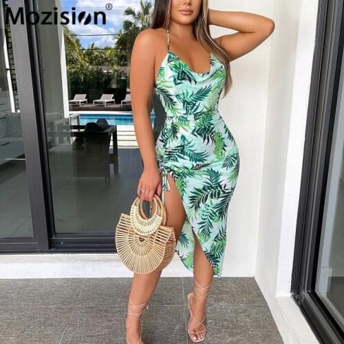 Mozision Print Drawstring Ruched Dress For Women Spaghetti Strap Backless Sexy Dress Ladies Beach Holiday Printed Dress Vestidos
