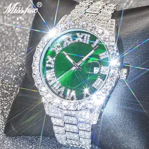Hip Hop MISSFOX Men Iced Out Watches Luxury Modern European Quartz Wristwatches Green Dropshipping Diamond Male Jewelry Clocks
