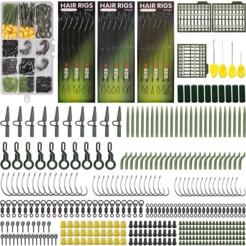 385Pcs/Box Carp Fishing Tackle Kit Including Anti Tangle Sleeves Hook Stop Beads Boilie Bait Screw Swivels Lead Clips Tool