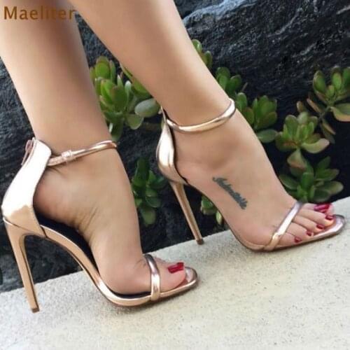Women New Street Style Rose Gold Gladiator Sandals Stiletto Heels Line Stylish Dress Shoes Buckle Strap Party Shoes Girls Pumps