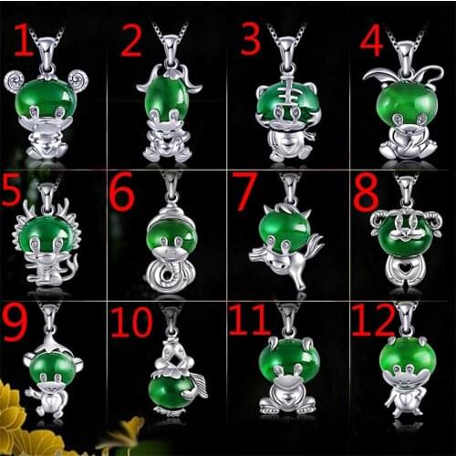Natural Green Jade Zodiac Animal Pendant Necklace 925 Silver Jadeite Chalcedony Amulet Fashion Charm Jewelry Gifts for Women Her