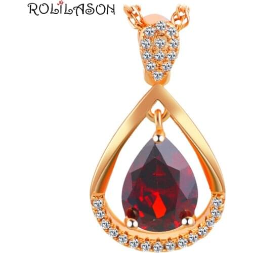 ROLILASON New Designer Brand Red Garnet Gold Tone Fashion Jewelry Pendant for Women Party Gift LNS628