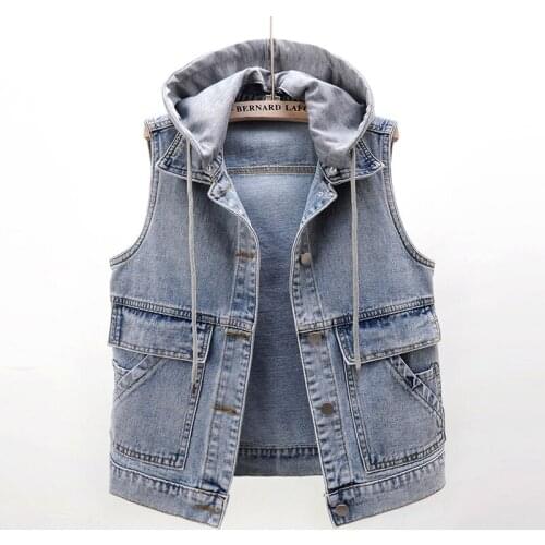 Removable Hooded Big Pocket Denim Vests Women Waistcoat Fashion Slim Short Jeans Vest Vintage Blue Sleeveless Jacket Coat Female