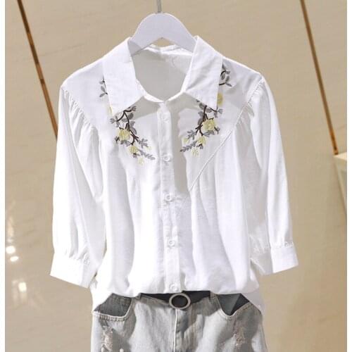 Chiffon Flower Embroidery Women Shirts Summer New 2021 Turn-Down Collar Half Sleeved Slim Elegant Office Lady Outwear Tops