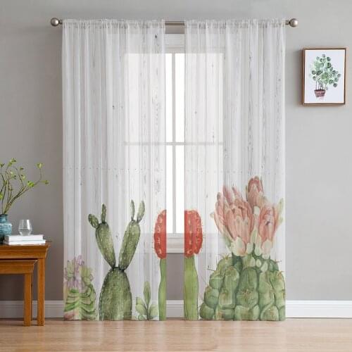 Youth Bedroom Sheer Curtains Tropical Cactus Flower Kitchen Study Curtains Living Room Holiday Decor Tulle Curtains