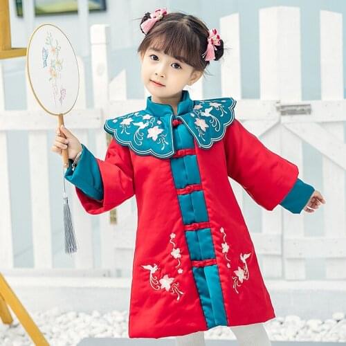 Girls Hanfu Quilted Dress winter Keep Warm Children Embroidery Dress Kids Christmas Dress Princess New Years Wear