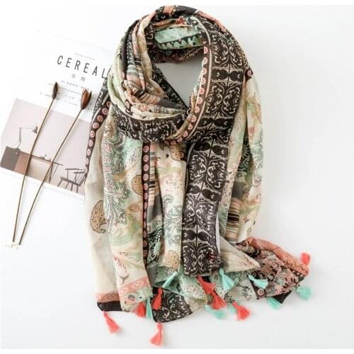 2021 New Arrival Floral Tassels Scarf Hijabs Women Fashion Long Cotton Shawls Muslim Head Wraps Turbans Headscarf 1PC Retail