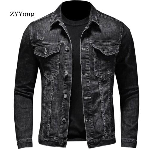 Retro Spring Bomber Black Denim Jacket For Men Jeans Coats Motorcycle Casual Outwear Clothing Overcoat Outwear Ropa Hombre