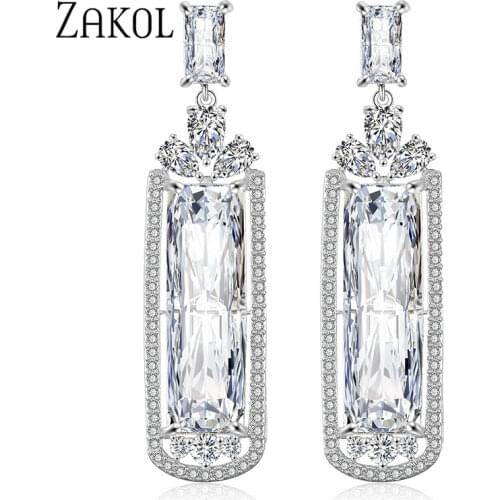 ZAKOL Transparent Big Baguette Cubic Zirconia Long Drop Earrings for Women Wedding Dinner Party Jewelry FSEP2326