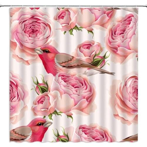 Floral Shower Curtains Bird Pink Peony Flower Plant Pattern Print Bathroom Decor Polyester Home Bath Cloth Hanging Curtain Set