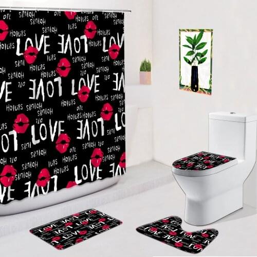 Red Lips Shower Curtains Sexy Lip Black Bathroom Decor Home Supplies Non-Slip Flannel Carpet Bath Mat Toilet Cover Foot Pad Set