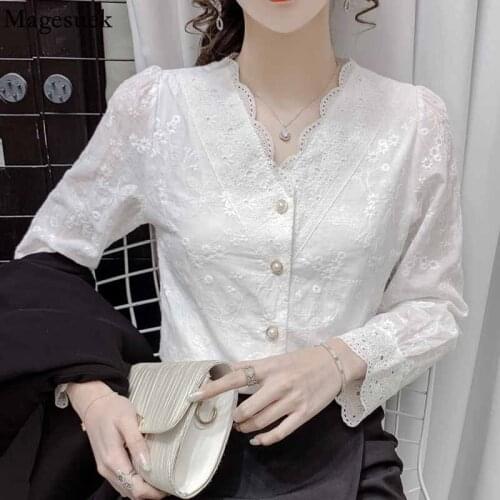 French V Neck Hollow Out Womens Shirt Puff Long Sleeve Flowers Crochet Lace Blouse Autumn White Elegant Woman Top Blusas 16650