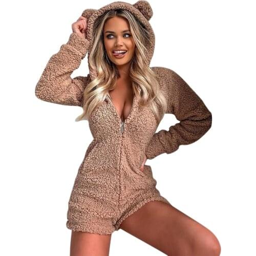 Womens Cute Teddy Bear Warm Winter Flannel Sleepwear Zipper Hooded Long Sleeve Jumpsuit One Piece Plush Warm Romper Pajamas