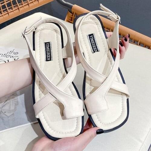 Sandals Woman 2021 Open Toe Square Head Buckle Leather Sandal Fashion Casual Designers Flat Summer Shoe for Women New Hot