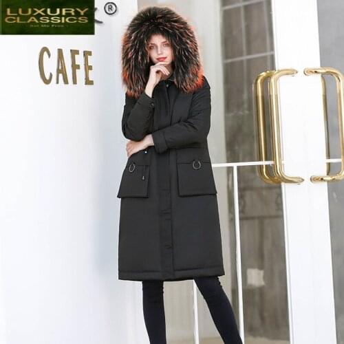 2021 Down Jacket Female Long Thicken Hooded Woman Parka 90% White Duck Down Female Coat Raccoon Fur Collar Coats Clothes