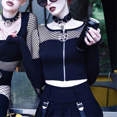 Womens Cardigan Sexy Fishnet Patchwork Mesh Gothic Retro Hollow Out Pentagram Zipper Crop Tops Harajuku Streetwear Кардиган 4