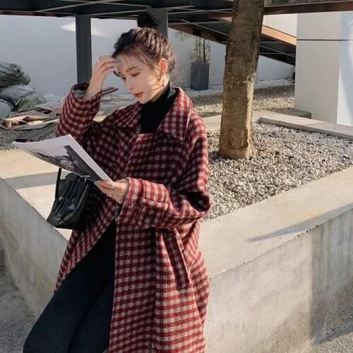 Plaid Woolen Coat Womens Mid-length 2021 Winter New Style Korean Loose Waist Thickene Popular Woolen Coat With Buttons Commutin