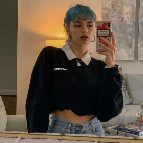 2021 Fall Lapel Embroidered Pullover Sweatshirt Cropped Top Crop Sweatshirt Letter Embroidery Elastic Waistband Harajuku Style