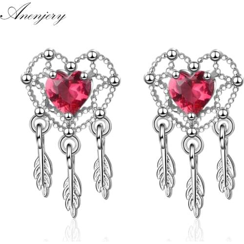 ANENJERY 925 Sterling Silver Sweet Red Love Heart Dream Catcher Earrings For Women Christmas Gift S-E670