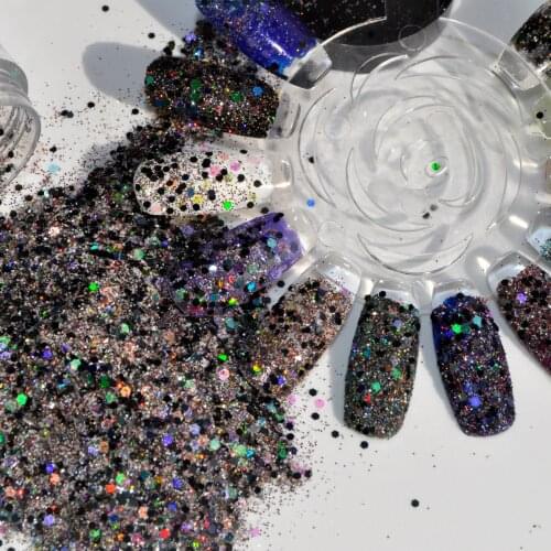 Holographic Color Nail Glitter Power Black Brown Mix Size Acrylic Glitter Mix Color Shiny Manicure Dust in jar 289
