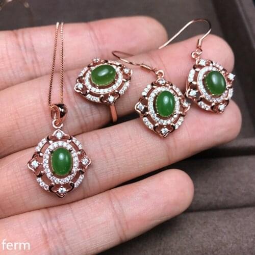 KJJEAXCMY boutique jewels 925 pure silver inlaid hetian jasper pendant ring earrings 3 set flowers flow curve new style