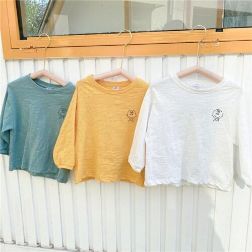 2021 Spring New Boys and Girls Embroidery T Shirt Kids Cotton Long-sleeved Bottoming T Shirt Childrens Solid O-neck T-shirt Top