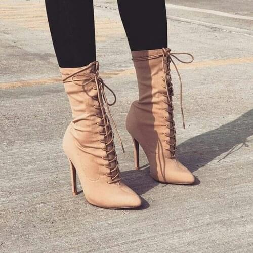 New Design Women Fashion Pointed Toe Nude Suede Lace-up Ankle Boots Thin Heel Ankle Wrap High Heel Short Boots Free Shipping