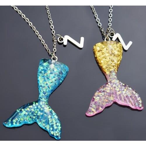 Mermaid Tail Necklace with Stainless Steel 26 Letter Charms Pendant Creative Fish Tail Initial Name Jewelry Gift for Women