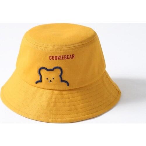 New Bucket Hat Women Cute Bear Embroidery Double Side Cotton Reversible Sun Protection Cap Mens Panama Hat Bob Fisherman Hats