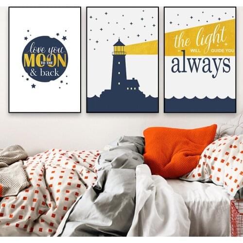 City Architecture Landscape Cartoon Lighthouse Moon Canvas Painting Sofa Background Wall Picture Poster Living Room Decoration