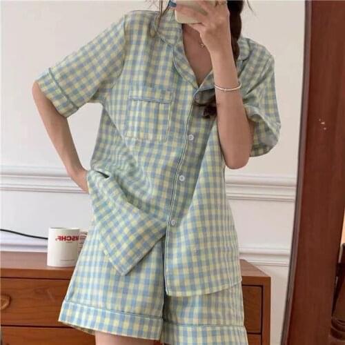 Ins Fresh Pajamas Womens Summer Short Sleeved Shorts Korean Cardigan Large Korean Japanese Home Clothes Two-piece Suit