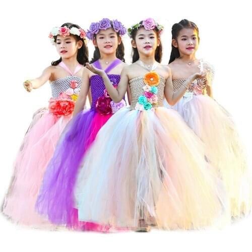 Fairy Tale Flower Girls Dress Long Bal Gown with Wreath Crown Pink Princess Tulle Dress