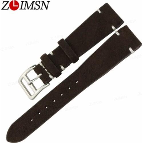 ZLIMSN Retro Matte Real Leather Strap For Men And Women Polished Stainless Steel Coffee Yellow Replacement 20mm