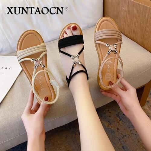 Rimocy Summer Cross Strap Crystal Sandals Women 2021 Comfortable Low Heel Open Toe Sandalias Woman Soft Bottom Casual Shoes Lady