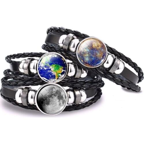 Solar System Punk Bracelet Sun Jupiter Earth Moon Mercury Glass Cabochon Bead Black Leather Woven Bracelet Outer Space Jewelry