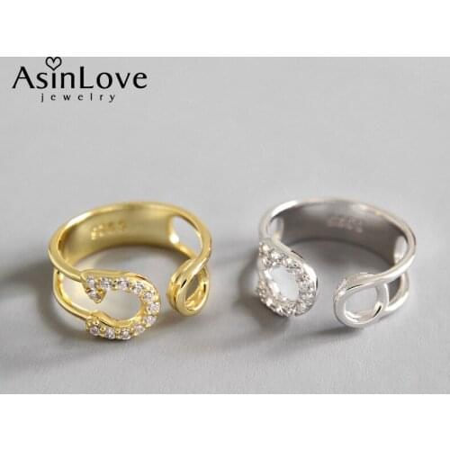 AsinLove Unique Micro Set Diamond Pen Paper Clip Tail Ring Real 925 Sterling Silver 18K Gold Rings Creative Women Fine Jewelry