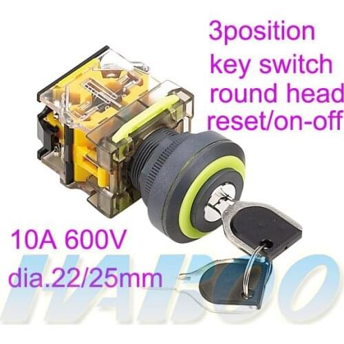5pcs packing 3position key switch untrathin head diameter 22mm or 25mm yellow silver ring color 10A600V IP40