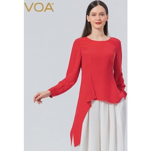 VOA Simple Asymmetrical Hem Side Dovetail Woman Silk Top Solid O-Neck Long Sleeve Party Woman Tshirts Autumn Chic T-Shirts BE809
