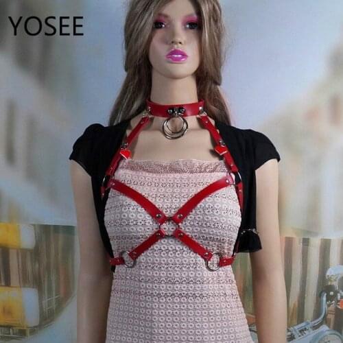 YOSEE New Women Men Cool Handmade Leather Collar Bondage Harness Body Collar Large Double Ring Chain Bracelet Jewelry