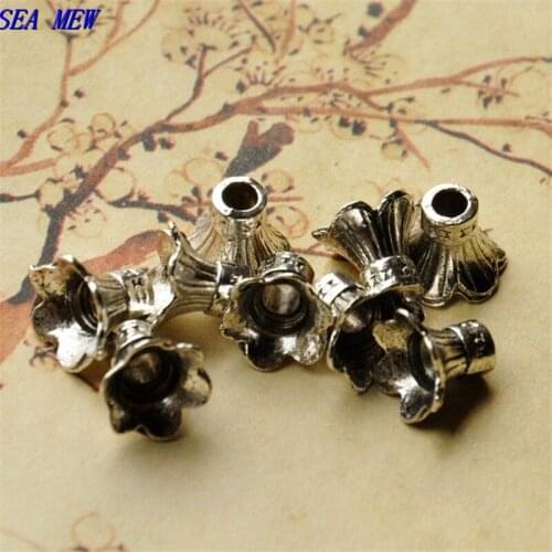 SEA MEW 10mm*9mm Metal Zinc Alloy Antique Silver color Bead Caps Connectors For Jewelry Making